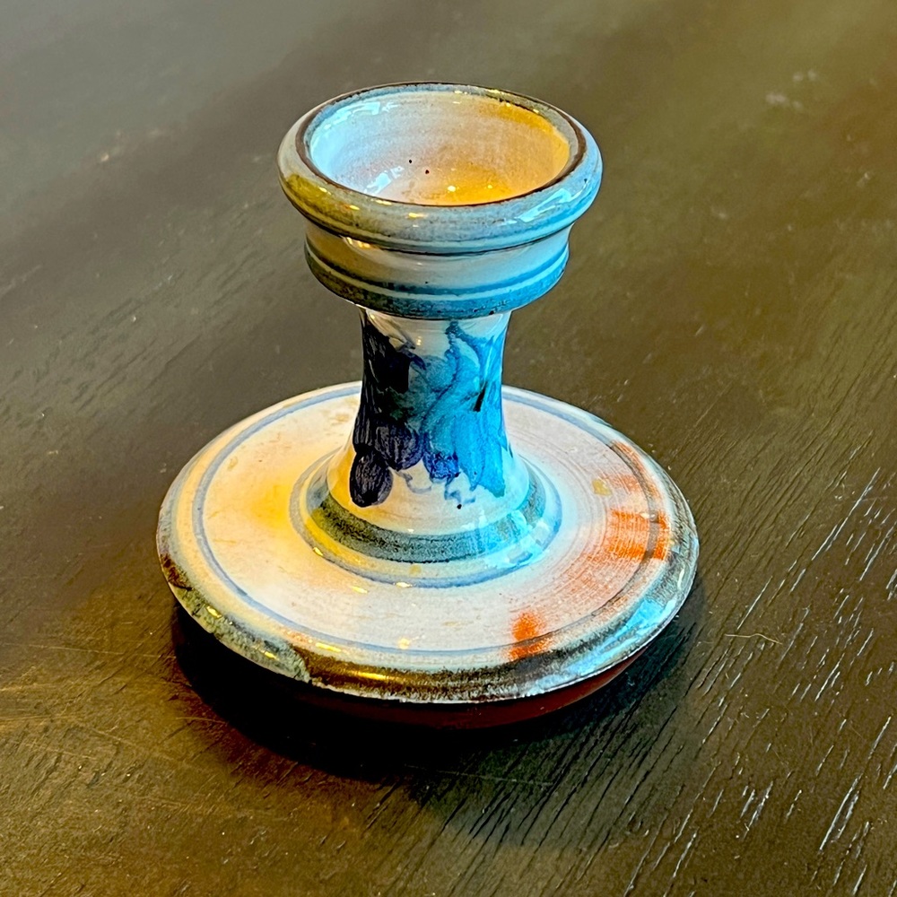 Honor Hussey Butley Pottery Blue White Floral Design Candle Holder